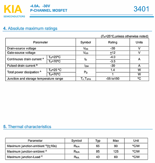 MOS管，KIA3401，-30V-4.0A